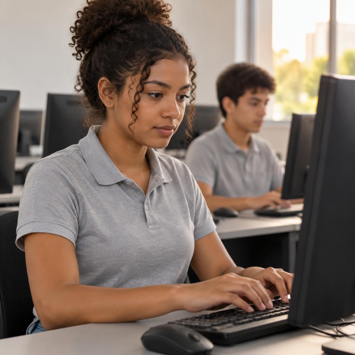 Estudante em laboratório de informática durante atividade de qualificação profissional